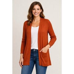LOFT Outlet Petite Open Front Ribbed Cardigan Rust Orange Cotton Size SP